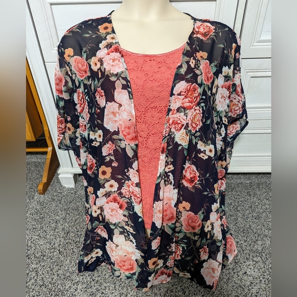 Women's Floral Print Puff Sleeve Kimono Chiffon Loose Cover Up - Size Small - Picture 3 of 12